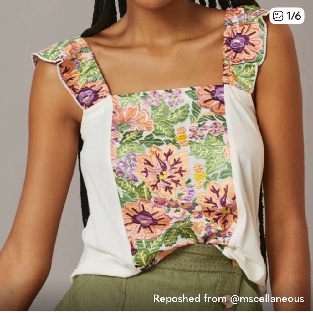 Anthropologie Tiny Floral Embroidered Ruffle Sleeve Cotton Tank Size Small